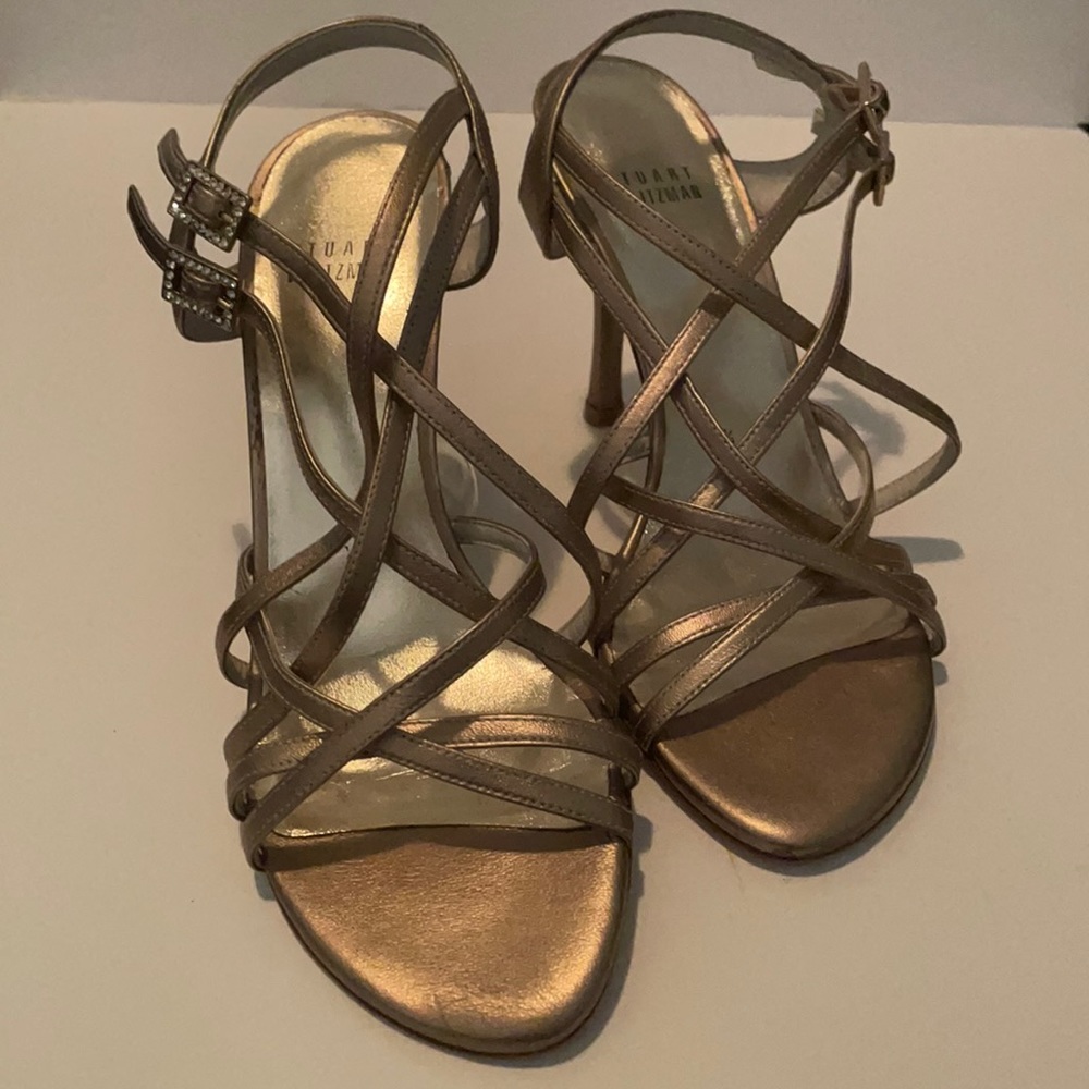 Stuart Weitzman Antique Gold Strappy Open Toe Leather Sandals Size 6 1/2.